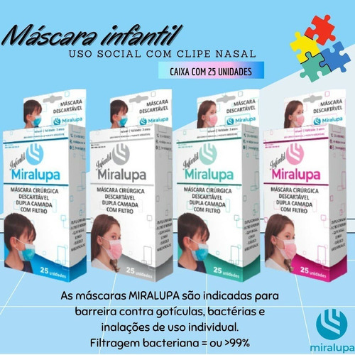 25 Máscaras Descartável Infantil Clipe Nasal Longo E Filtro Cor Preta