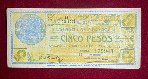 Billete 5 Pesos Mexico 1916 Estado De Oxaca Pick S954