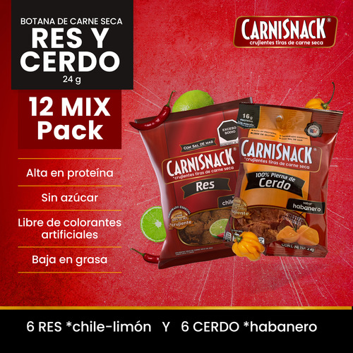 Carnisnack Tiras Carne Seca De Cerdo Mix Pack X12 Snacks 24g