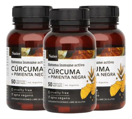 Suplemento en cápsula Natier  Cúrcuma + Pimienta Negra antioxidantes en frasco de 150mL 50 un pack x 3 u