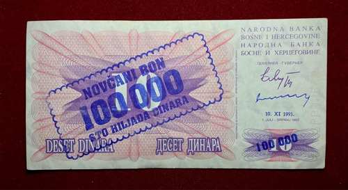 Billete 100000 Dinara Bosnia Y Herzegovina 1993 Pick 34 B