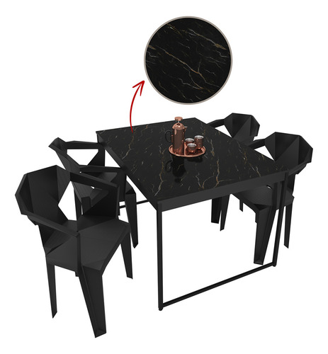 Conjunto De Jantar Industrial Com Mesa 120x90cm Tampo Mármore Preto E 4 Cadeiras Pretas Geométricas