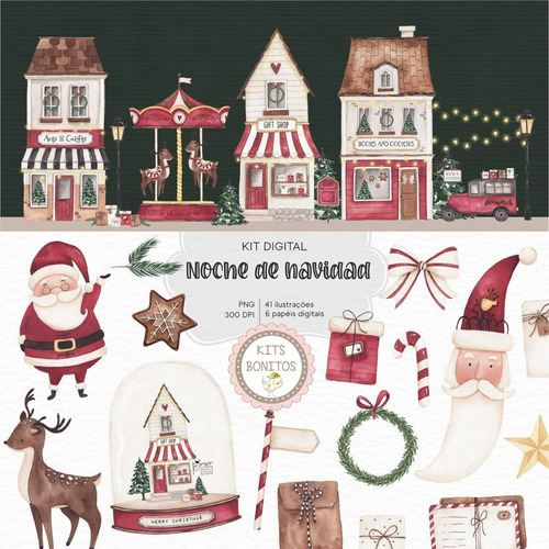 Kit Cliparts Imagenes Png Noche Navidad Papa Noel Acuarela