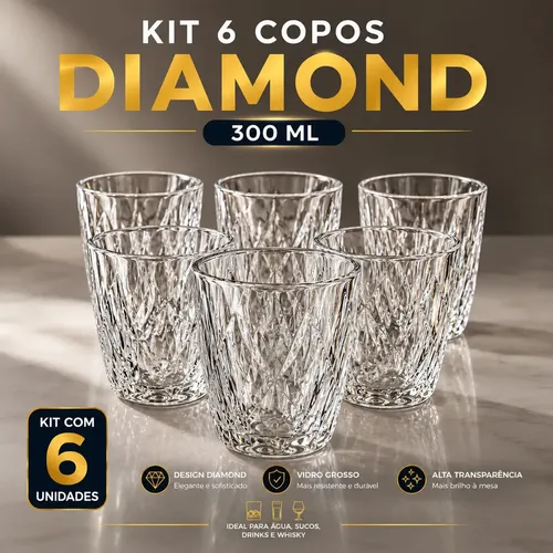 Kit 6 Copos de Vidro Diamond 300ml
