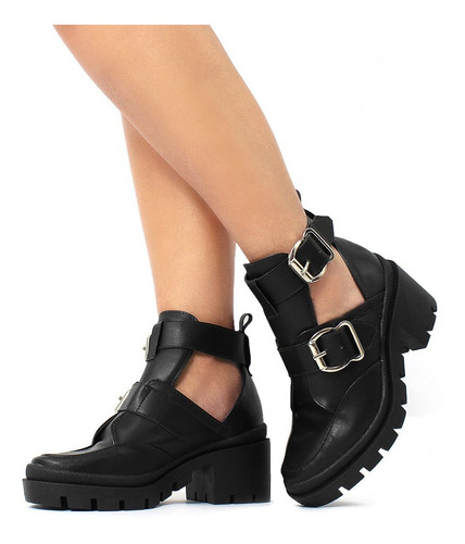 Bota Coturno Feminina Tratorada Salto 6cm Com Fivela Dupla Cano Curto Damannu Shoes | Mercado Livre