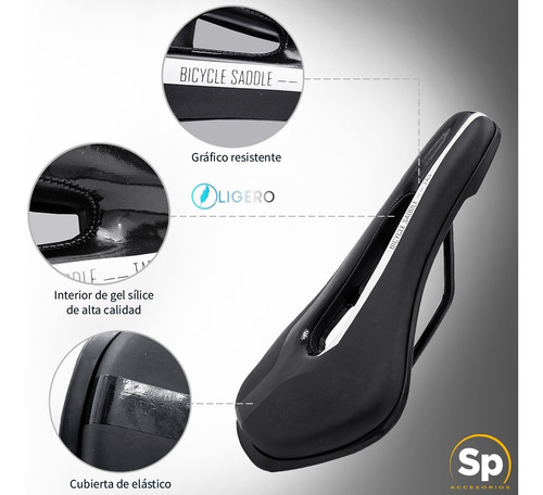 Imagen 5 de 7 de Asiento Para Bicicleta De Gel Negro Con Gris Vzr