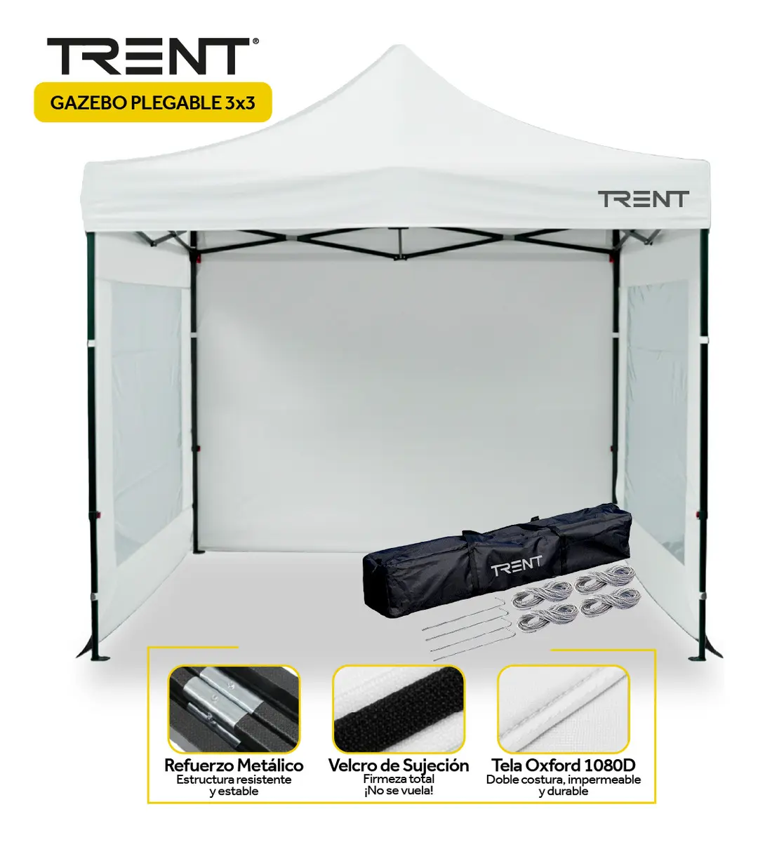 Gazebo Autoarmable Plegable Trent Reforzado 3x3 Metros Con Ventanas De Exterior Blanco