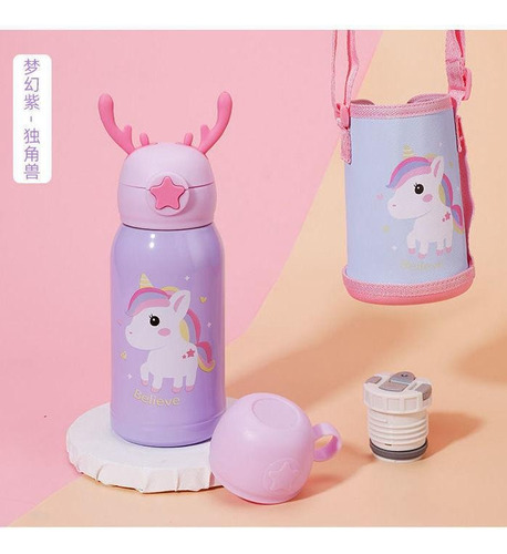 Termo De Agua Infantil Kawaii 500ml Con Funda Y Cuerda