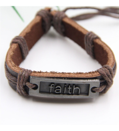 Pulsera Cuero Genuino Dije Faith Acero Hombre