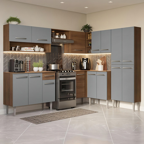 Mueble de Cocina de Esquina Completa Madesa Emilly 417cm 02 Color Rústico/Gris