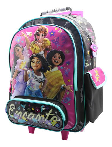 Mochila Escolar Encanto Disney Amigas Con Carro Color Negro Diseño de la tela Liso