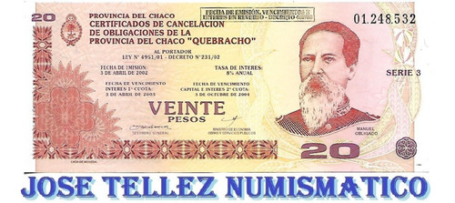 Ec# 253 Bono Chaco $ 20 Quebracho Ex+ Palermo (Usado)
