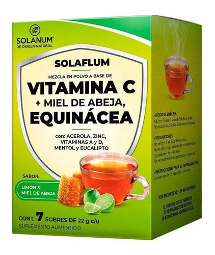 Solanum Vitamina C, Equinácea Miel Abeja Polvo 7 Sobres Sfn Sabor Limon y Miel de Abeja