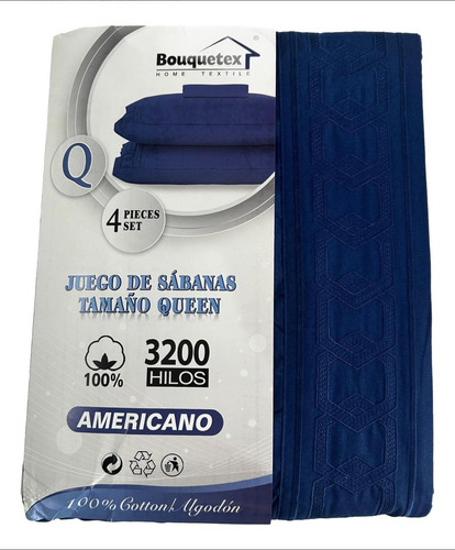 Juego De Sábanas Queen Azul Bouquetex 3200 Hilos Americano Azul Liso