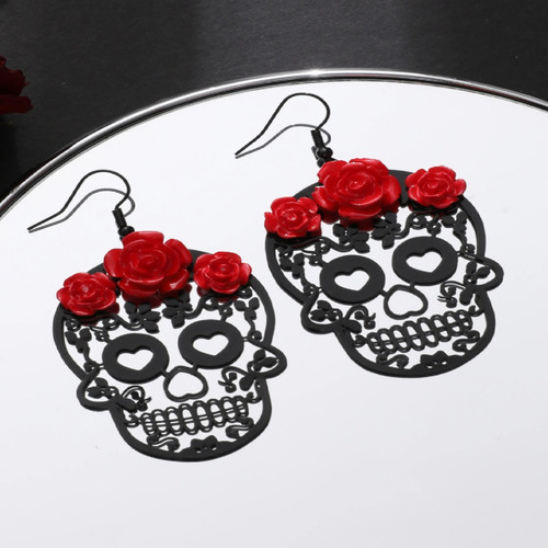 Aretes Calavera Negros Rosas Dia Muertos Halloween