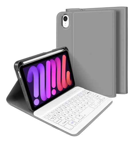 Funda Soporte Gris Teclado Blanco Para iPad Mini 6 8.3