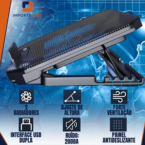 Suporte Base Notebook Imports Cds Com 2 Coolers Ventoinhas Potentes Base Refrigerada Ventilação Silenciosa Mesa Projetada Para Laptops Até 17 Polegadas Base Led Refrigerada Evita Superaquecimento