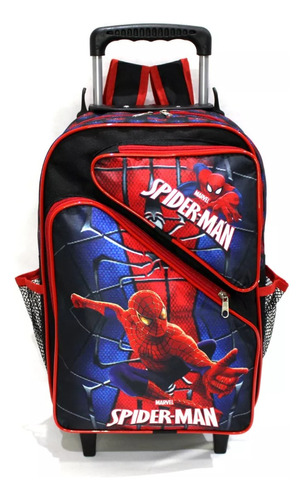 Mochila Infantil Homem Aranha 3 Bolsos G Rodinhas Escolar Cor Preto Desenho do tecido Liso