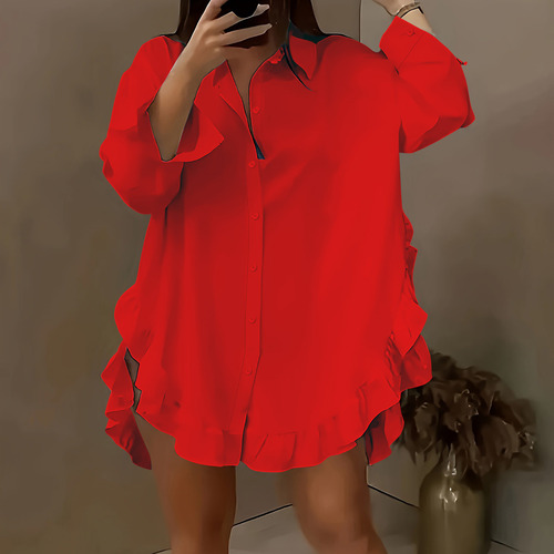 Camisa De Mujer Con Solapa Y Dobladillo Holgado Con Volantes