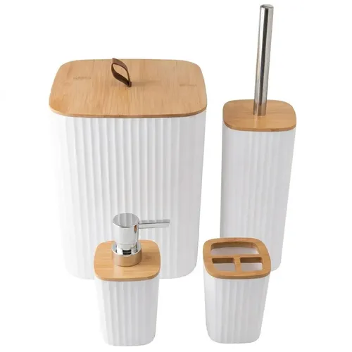 Kit Banheiro Conjunto Acessórios Banheiro Lavabo Bambu 4 Peças Lixeira Escova Sanitária Dispenser Saboneteira Porta Escova Quadrado  Branco Shokki