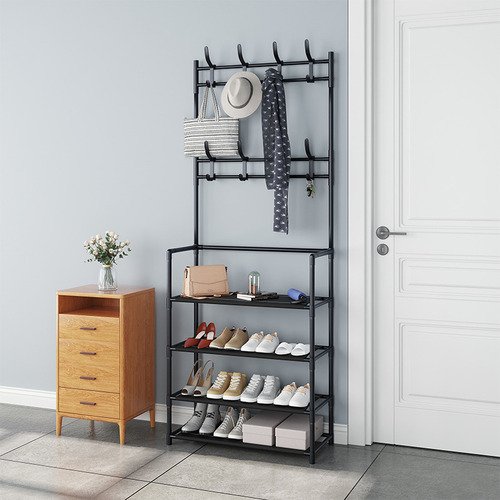 Zapateras Organizadores Con Percheros Multifuncional Rack Color Negro 4 Estantes