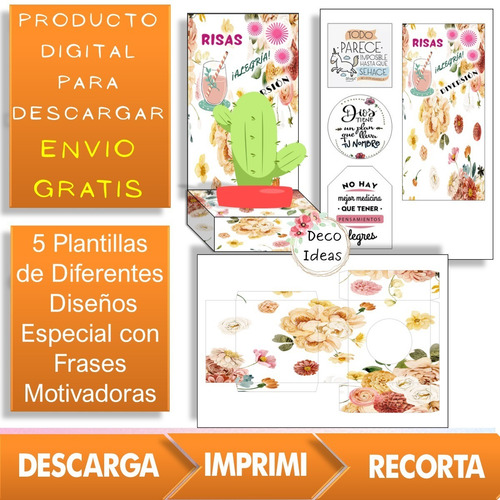 Imagen 4 de 4 de Kit Imprimible 007 Caja Portamaceta Frase + Tag Emprendedor