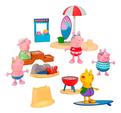 Peppa Pig Conjunto 5 Bonecos + Cenário Dia De Praia Sunny