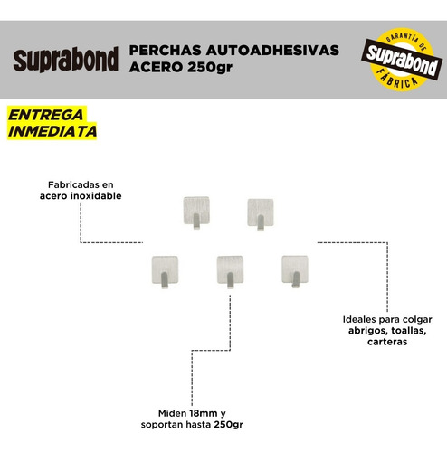Imagen 2 de 9 de Perchas Autoadhesivas Suprabond Acero Inoxidable - 250g