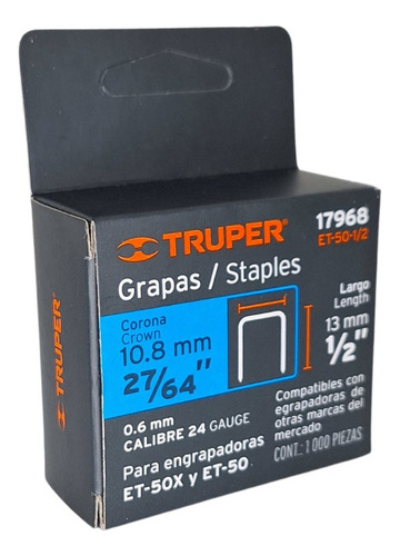Caja Con 1000 Grapas 1/2 Corona 10.7 Mm Para Et-50, Truper