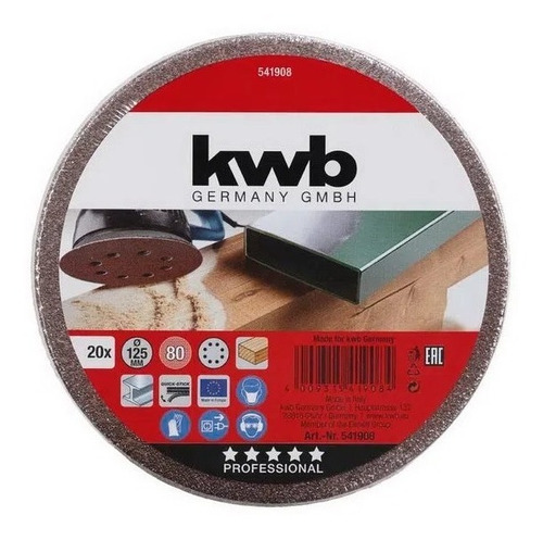 Lija Velcro Kwb 125mm Grano 80, 20 Unidades