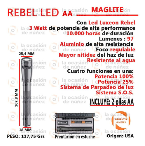 Imagen 2 de 6 de Linterna Maglite Rebel Led Aa Mini Mano 97lum 4 Funciones
