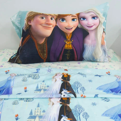 Kit Acolchado + Juego De Sabanas Frozen Piñata 1 1/2 Plaza Azul Claro Frozen