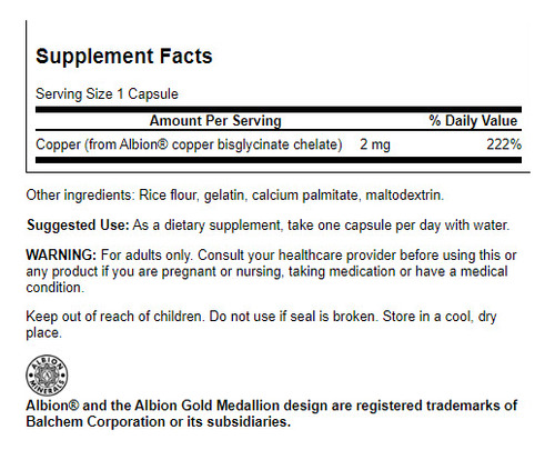 Swanson Suplemento de Albion Cobre, 2mg por cápsula, 60 cápsulas para 2 meses