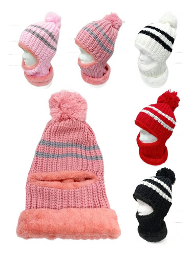  Pasamontañas Tejido Rayas Pompon Termico 3en1 Cuello Gorro 