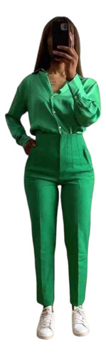 Pantalón Tiro Alto De Oficina Con Pinzas Verde 