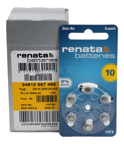 Imagen 3 de 6 de Pilas Audifono Zincair Renata 10 Pr70 Caja 60 Unid. Alemanas