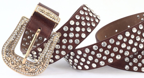 Imagem 4 de 4 de Cinto Feminino Country Marrom Com Strass E Fivela Dourada