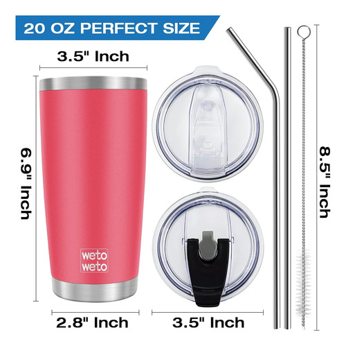 Vaso Wetoweto 20oz Con 2 Tapas Y 2 Pajitas, Inoxidable W2