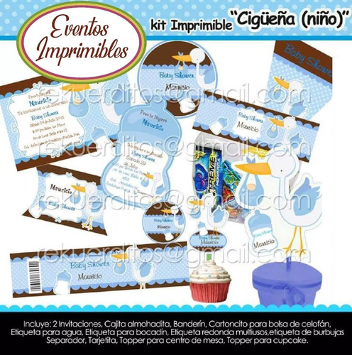 Kit Imprimible Baby Shower Cigueña Niño Candy Bar Azul