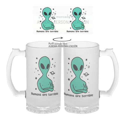 Mug Cervecero Taza Terrible Alien Vidrio Opalizado