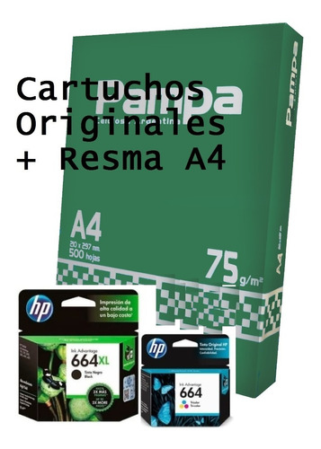 Combo Cartuchos Hp 664xl Negro Y 664 Color 4535 + Resma A4