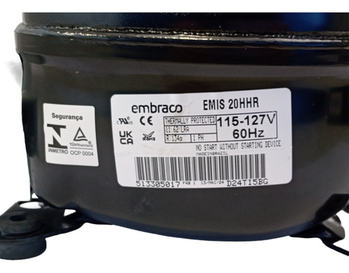 Compressor 1/12 Hp Hermético R134a 110v Embraco Emis20hhr