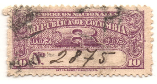 Colombia 10 Centavos Recomendado 1902 Estampilla R 13