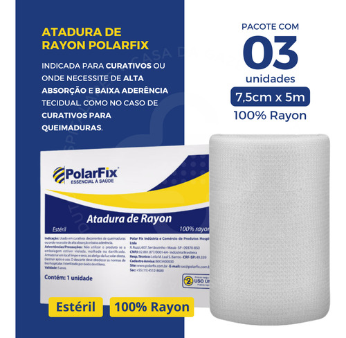 Atadura Rayon Bandagem Estéril 7,5cm X 5 Metros 3 Unidades