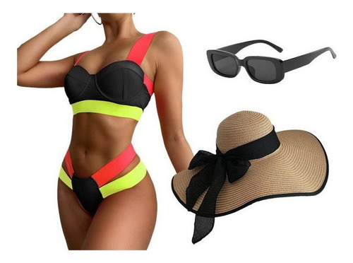 Bikini Set Lentes De Sol Uv400 Gratis+gorro De Playa