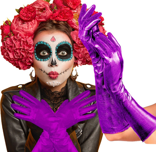 Guantes Largos Satén Morado Accesorios Disfraces Navidad