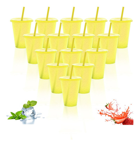 15vasos Mágicos Reutilizables Plástico 16oz C/tapa Y Popote Amarillo
