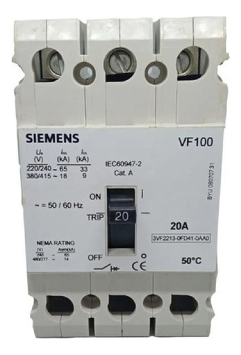 Disjuntor Tripolar 3vf2213-0fd41 3x20a Siemens