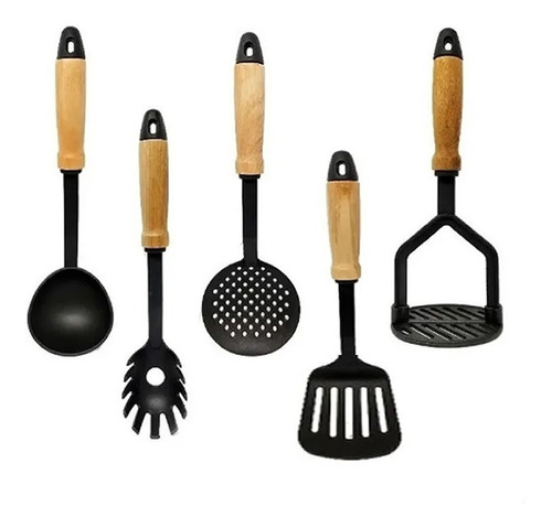 Set X 5 Utensilios De Nylon Mango De Madera Jovifel Teflón