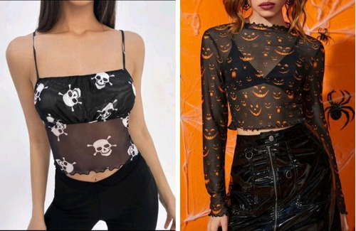 Shein Paquete Halloween 2 Tops De Malla Transparente 